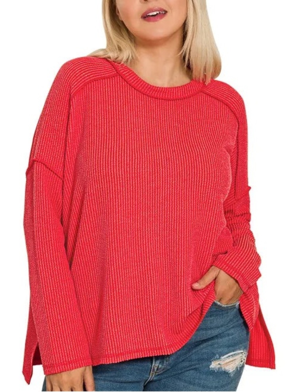 Zenana Cozy Ribbed Red Sweater Top